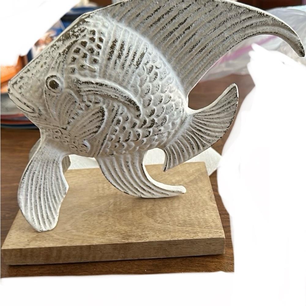 White Fish Sculpture on Wooden Base